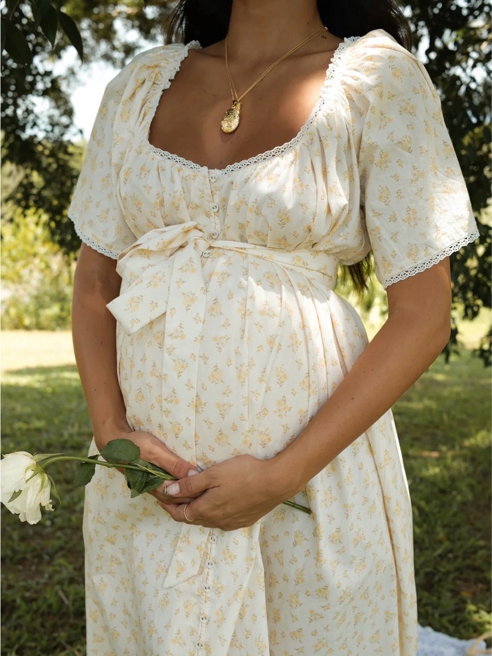 Light Cream Floral Maxi Dress with Tie Waist